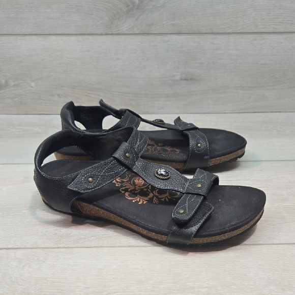 Aetrex Women Ankle Hook&loop Leather Black Sandals Shoes Sz 9 - Picture 1 of 11
